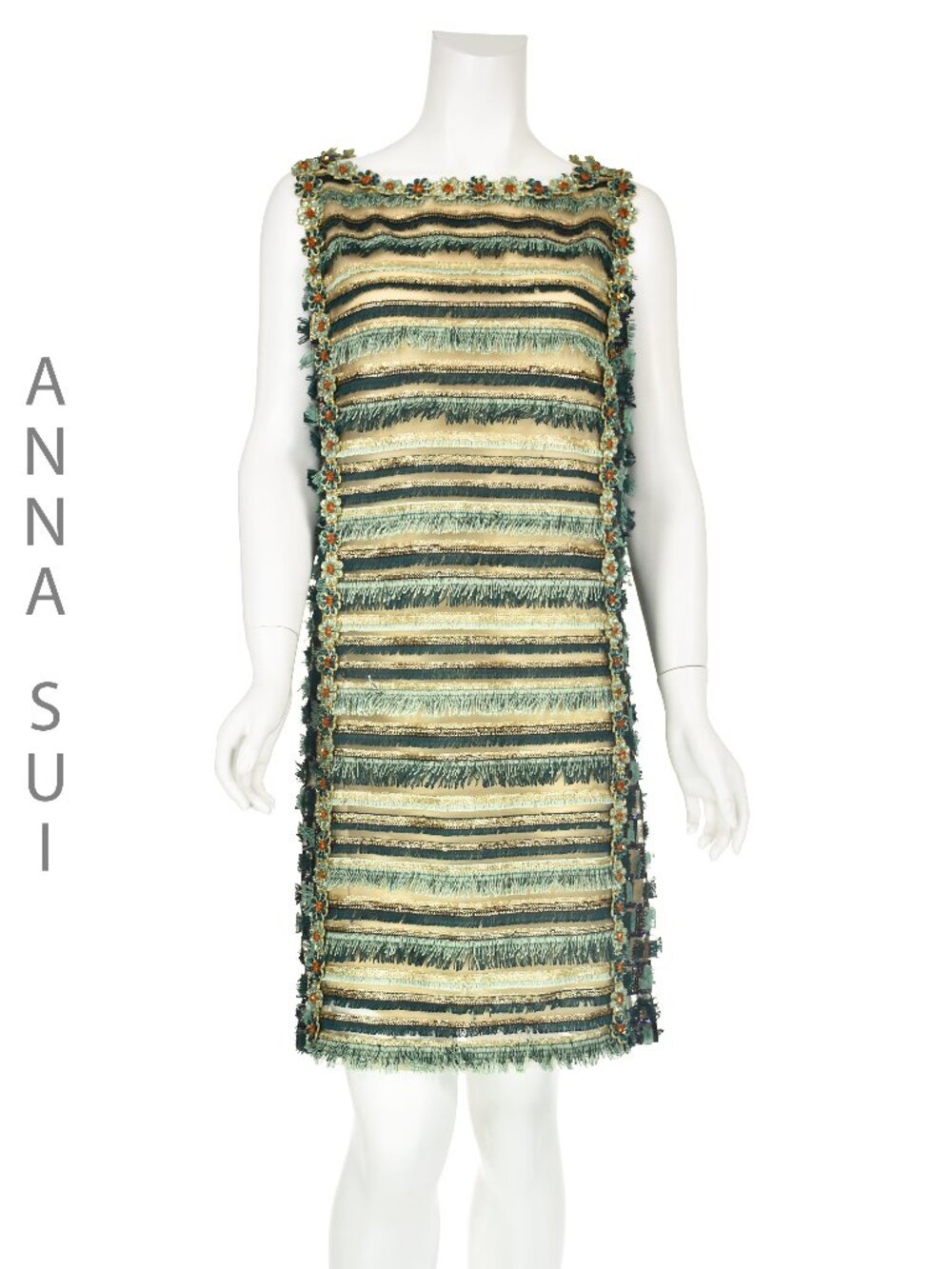 ANNA SUI Vintage Green & Gold Mini Dress, Green Fringe, Size 12
